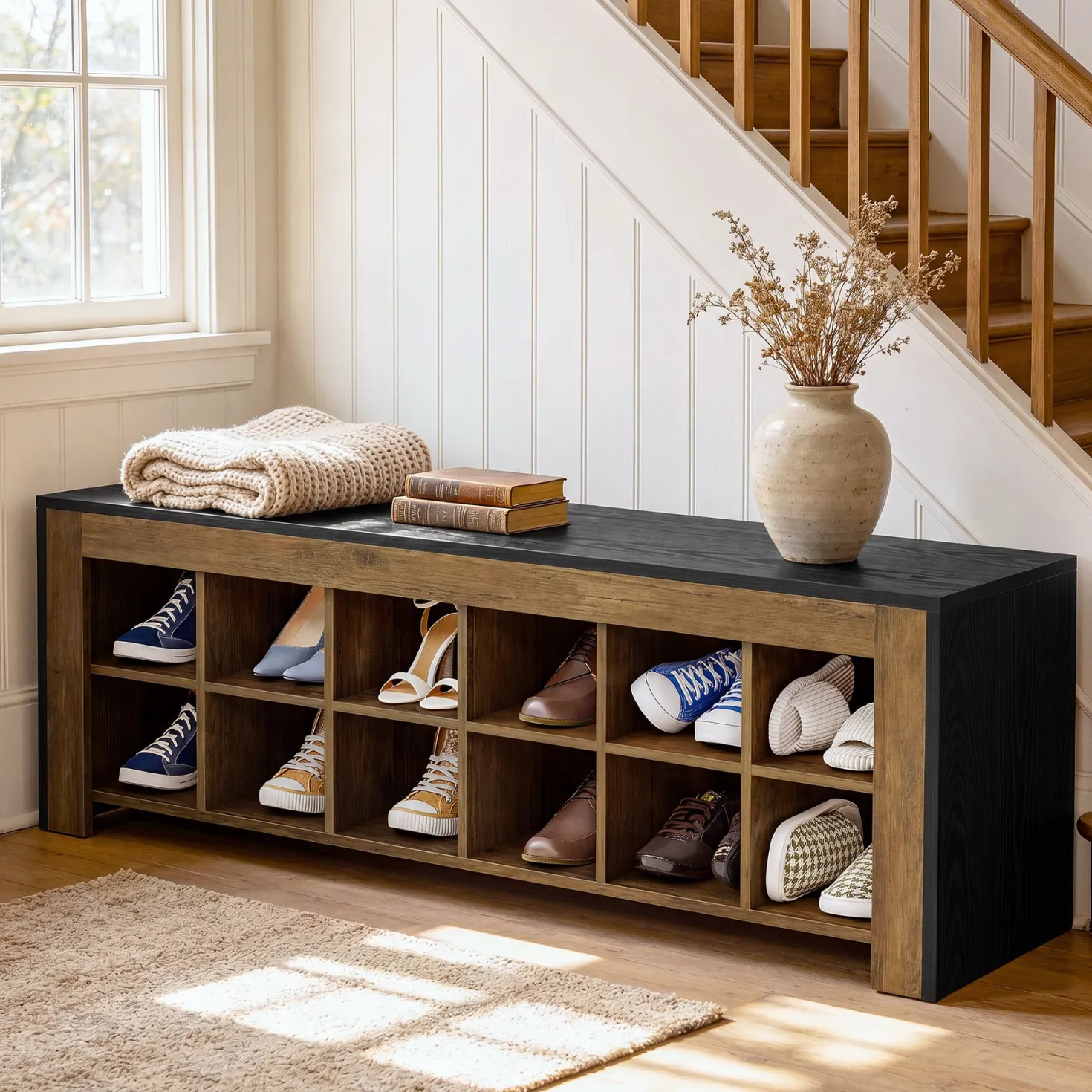 48" Farmhouse Entryway Bench, Shoe Storage Bench with 12 Cubbies for Hallway