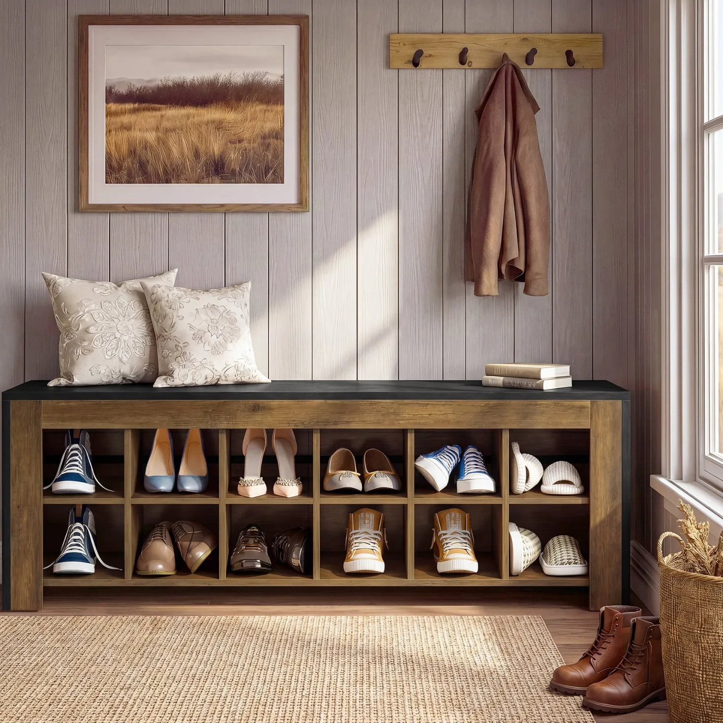48" Farmhouse Entryway Bench, Shoe Storage Bench with 12 Cubbies for Hallway