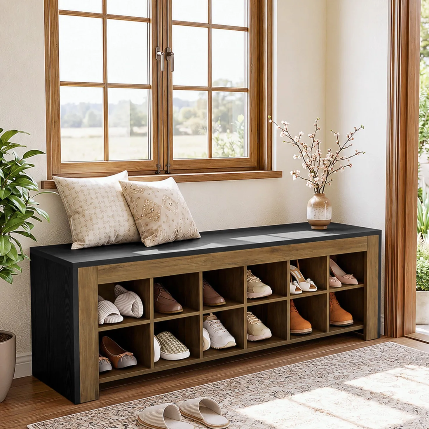 48" Farmhouse Entryway Bench, Shoe Storage Bench with 12 Cubbies for Hallway