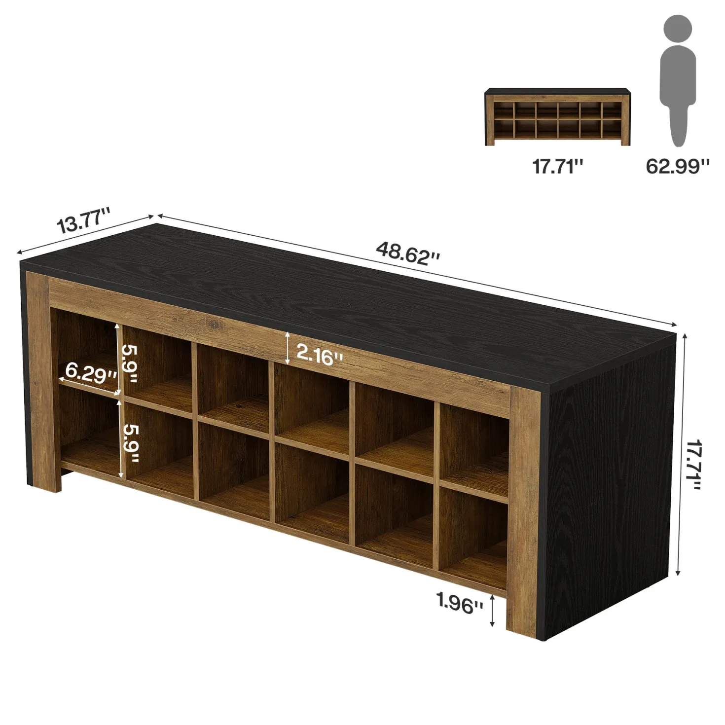 48" Farmhouse Entryway Bench, Shoe Storage Bench with 12 Cubbies for Hallway