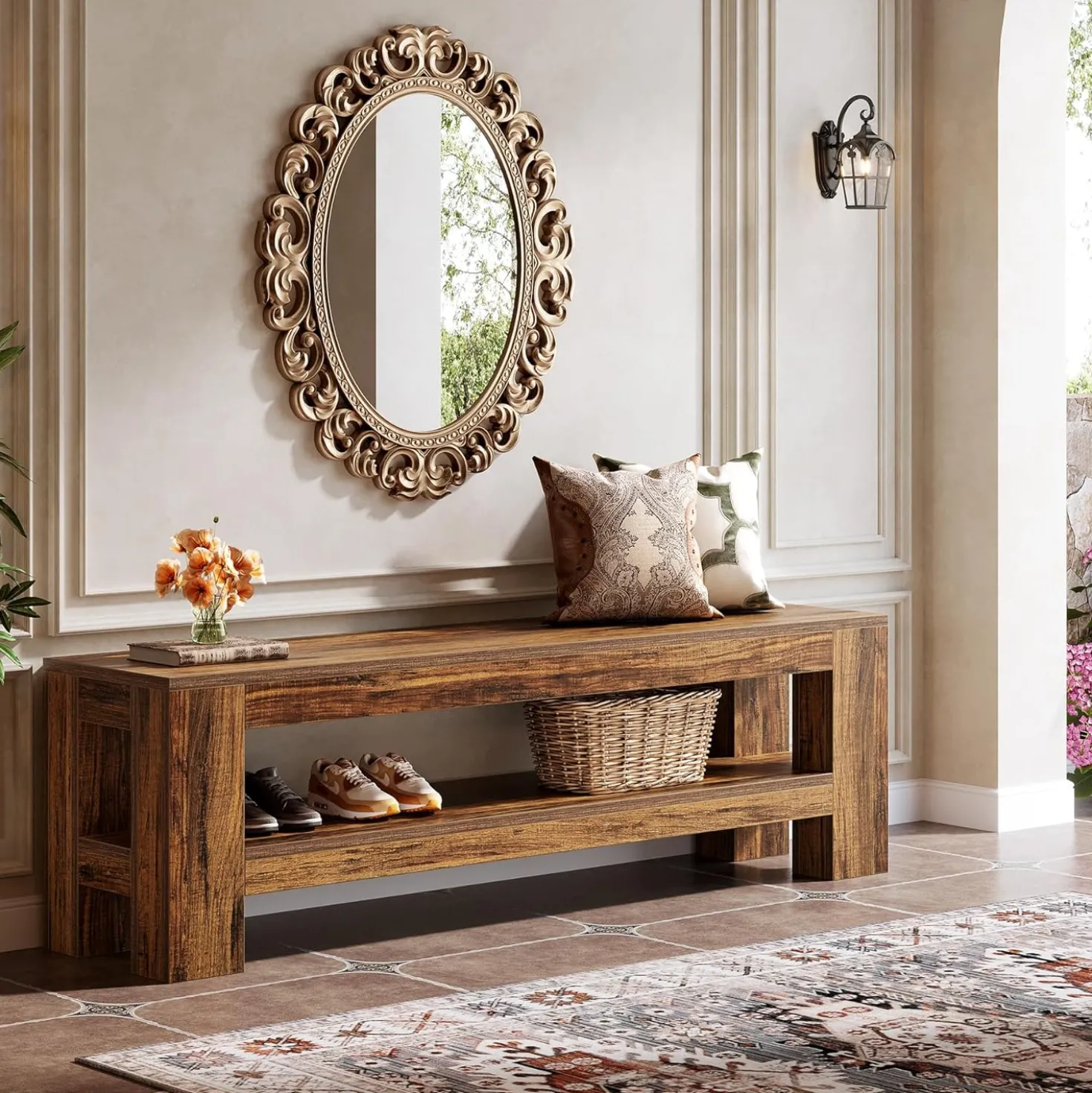 59" Farmhouse Entryway Bench, Wooden Shoe Bench End of Bed Bench with Shelf