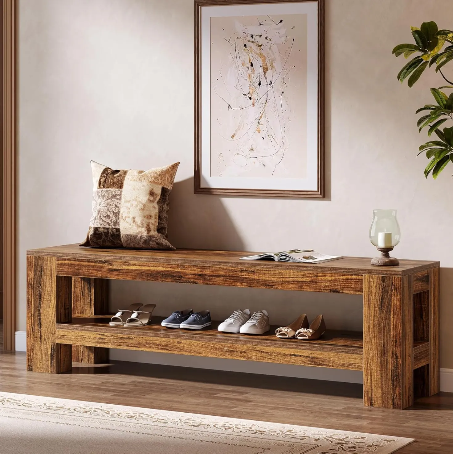 59" Farmhouse Entryway Bench, Wooden Shoe Bench End of Bed Bench with Shelf