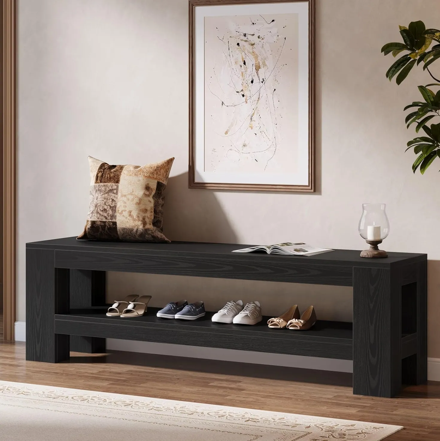 59" Farmhouse Entryway Bench, Wooden Shoe Bench End of Bed Bench with Shelf