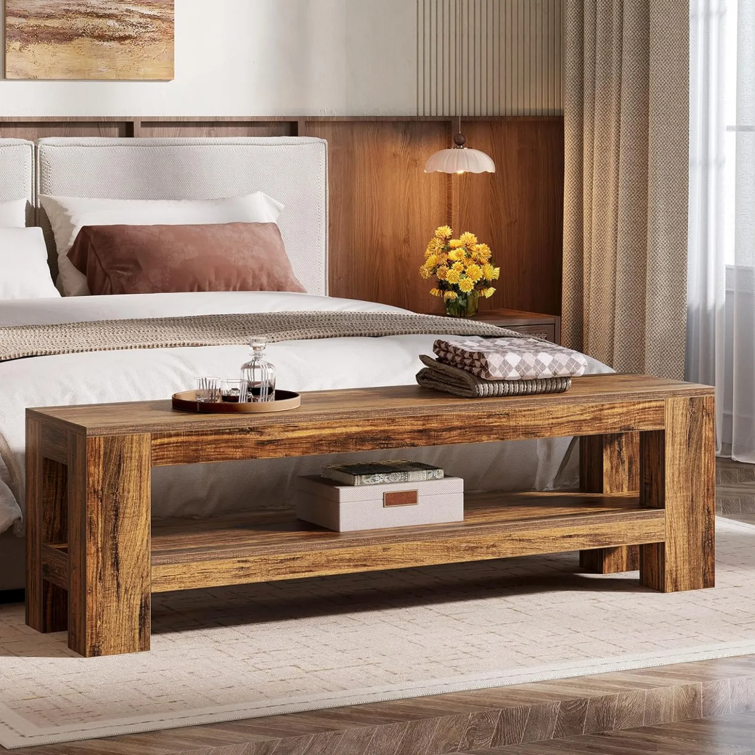 59" Farmhouse Entryway Bench, Wooden Shoe Bench End of Bed Bench with Shelf