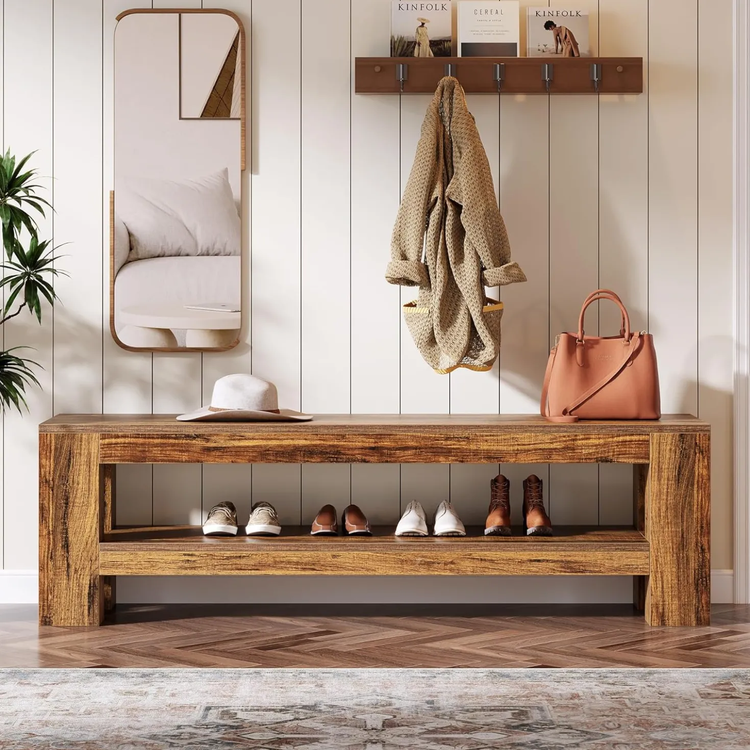 59" Farmhouse Entryway Bench, Wooden Shoe Bench End of Bed Bench with Shelf