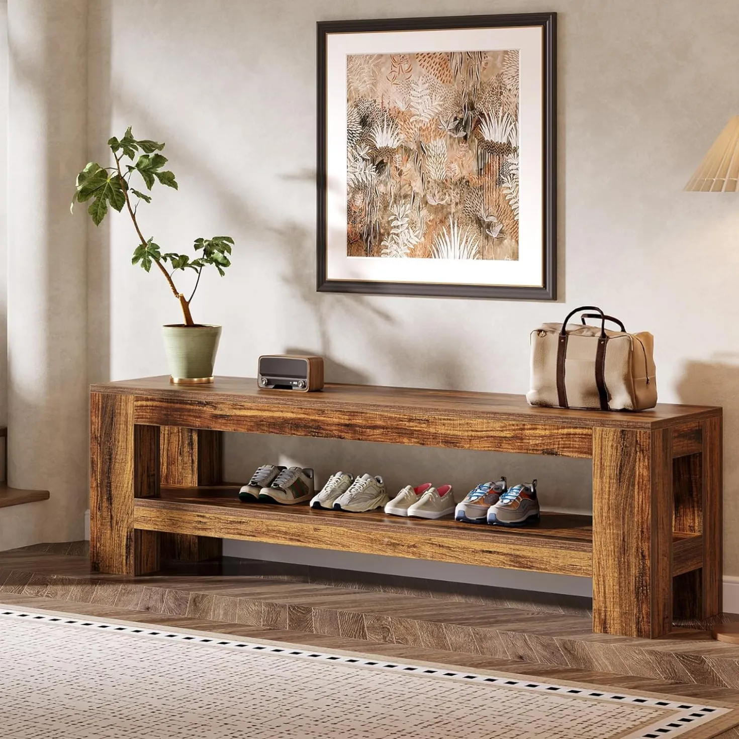 59" Farmhouse Entryway Bench, Wooden Shoe Bench End of Bed Bench with Shelf