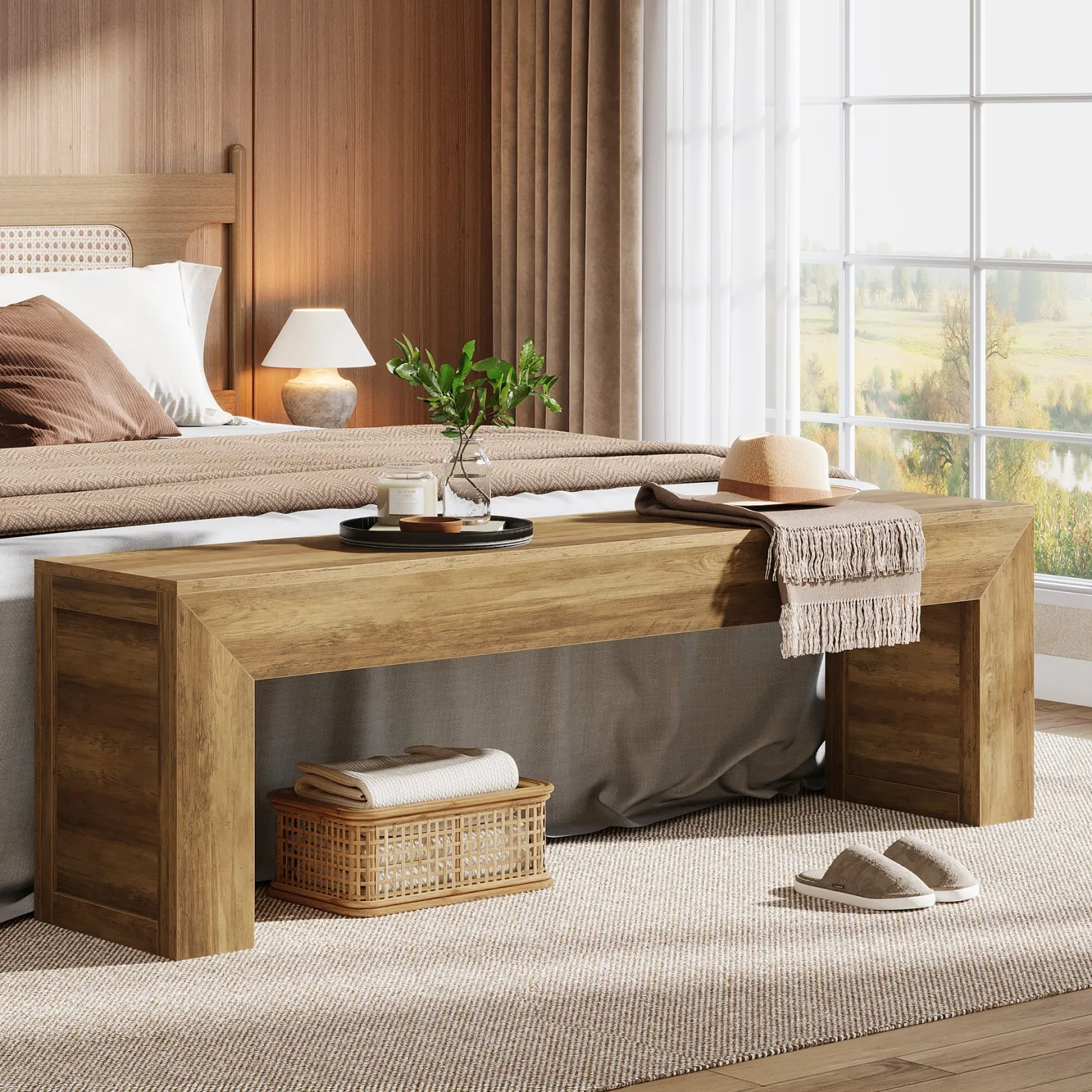 63" Farmhouse Entryway Bench, Wooden Shoe Storage Bench for Hallway, End of Bed, or Dining Seating
