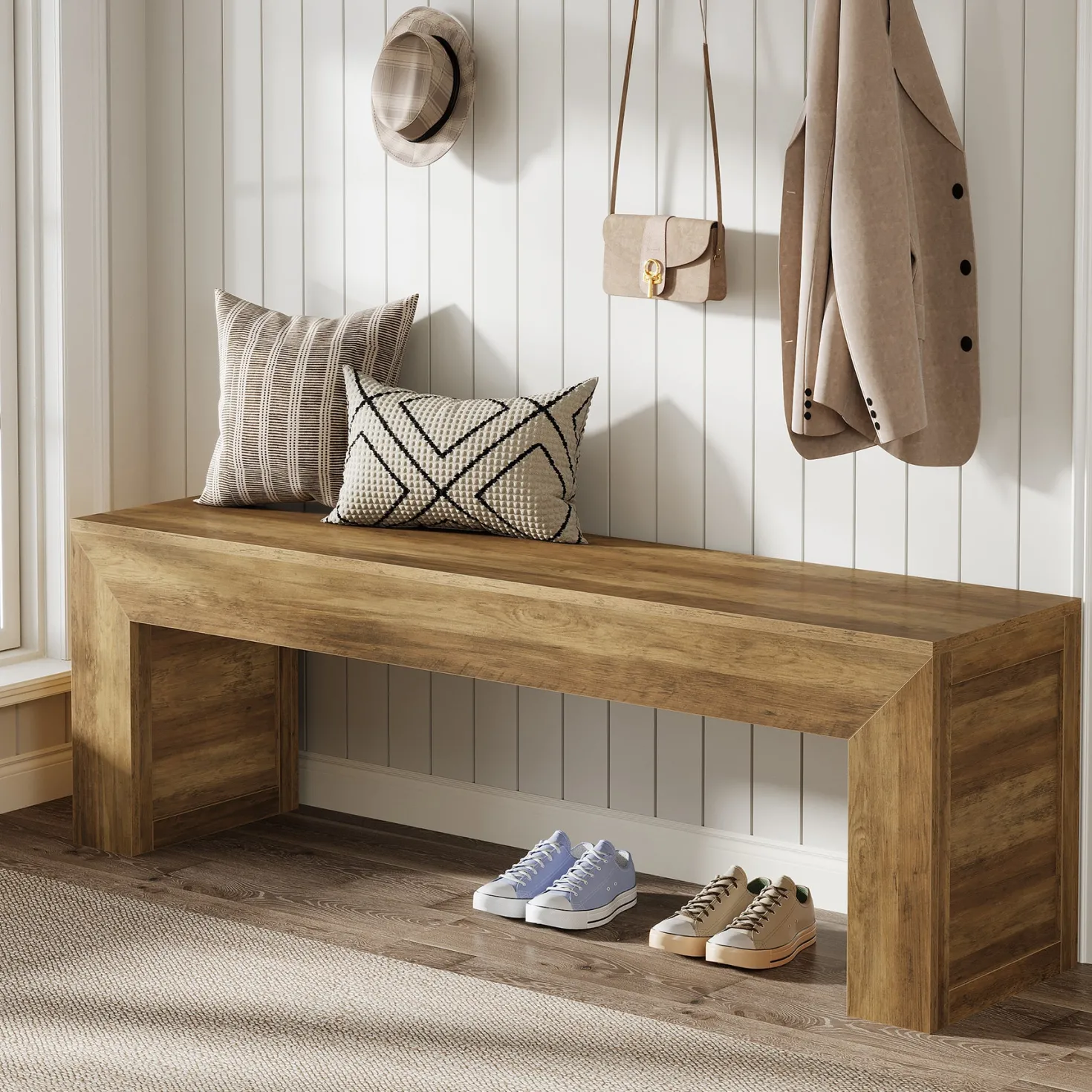 63" Farmhouse Entryway Bench, Wooden Shoe Storage Bench for Hallway, End of Bed, or Dining Seating