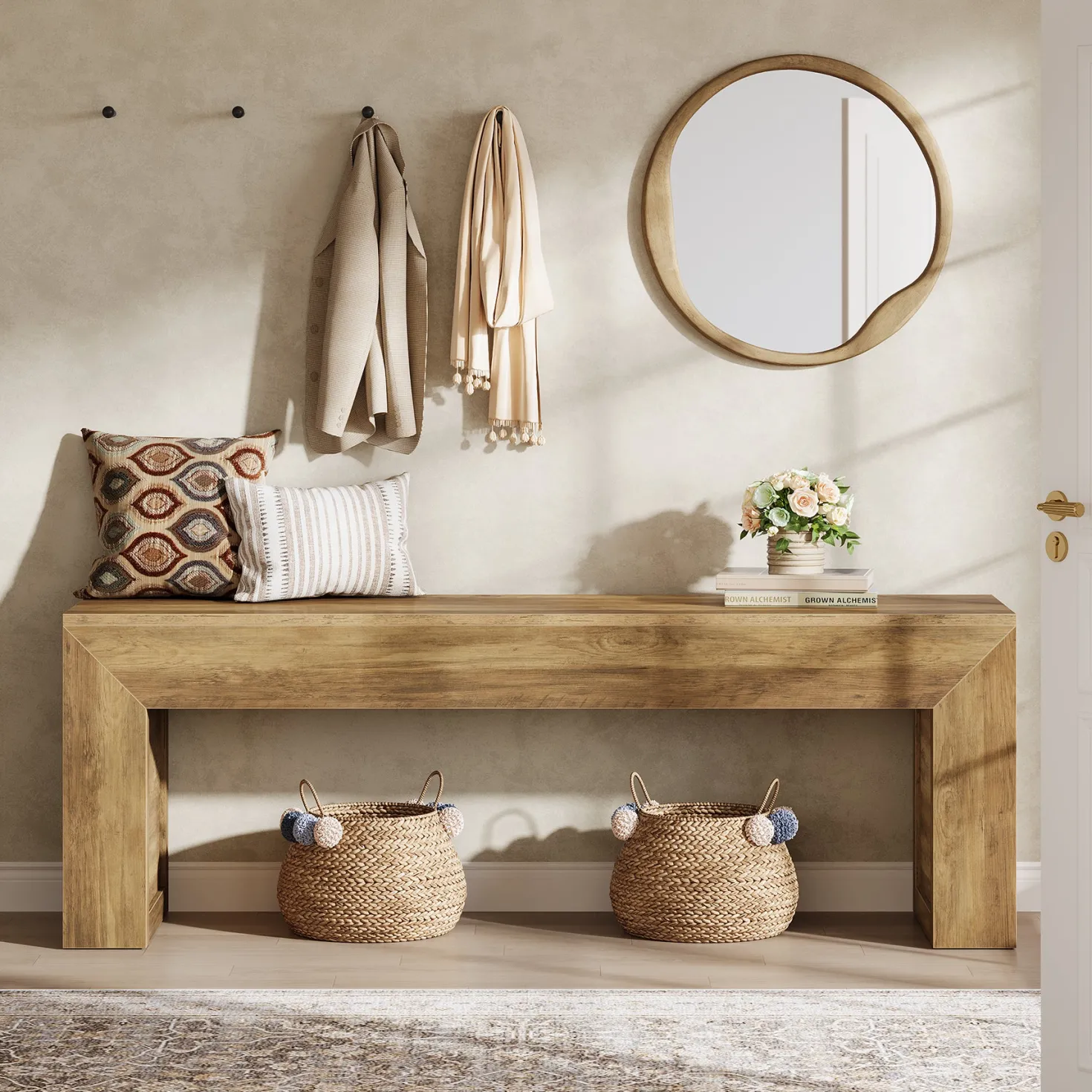 63" Farmhouse Entryway Bench, Wooden Shoe Storage Bench for Hallway, End of Bed, or Dining Seating