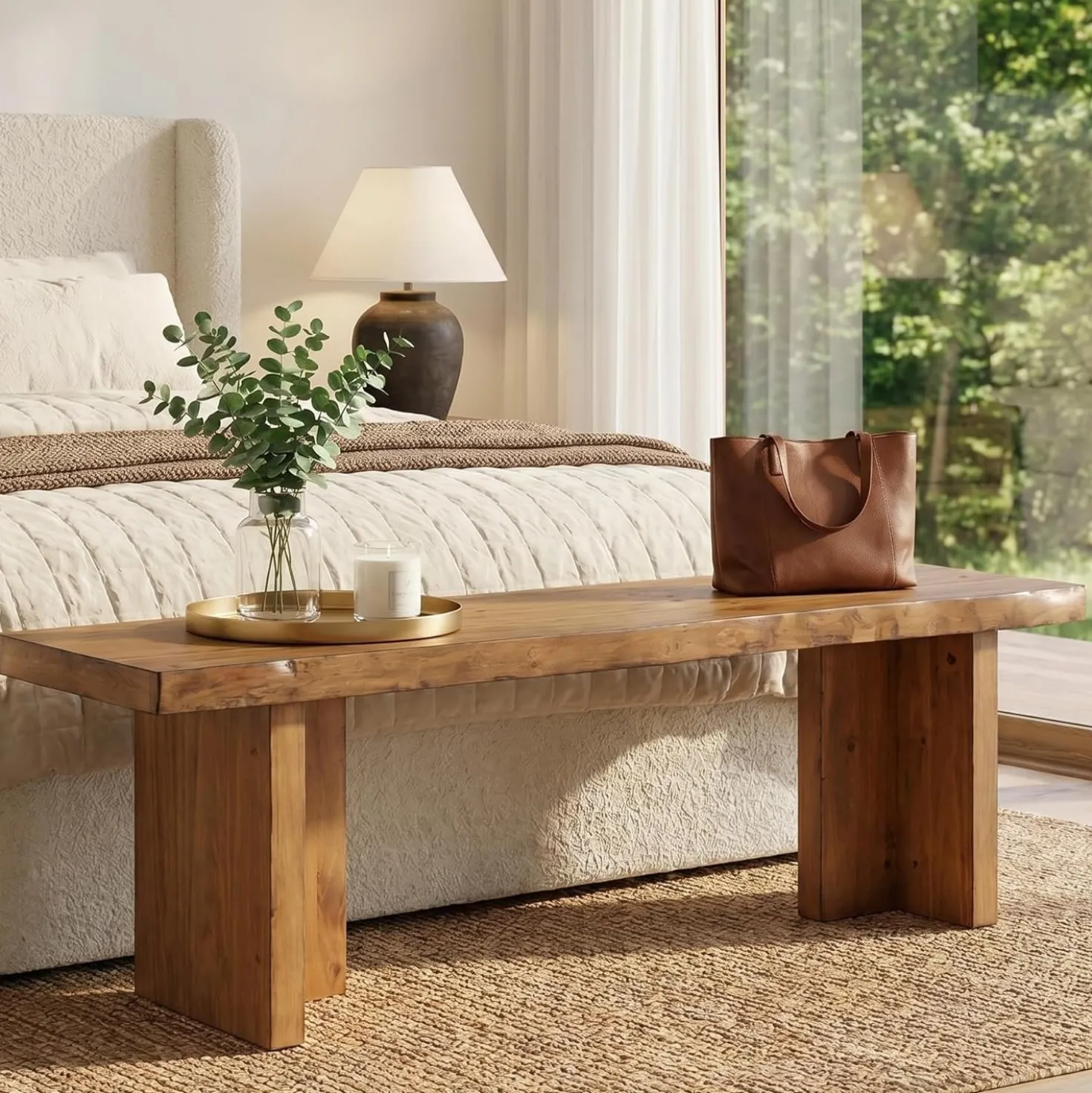 55" Farmhouse Entryway Bench, Solid Wood Shoe Bench End of Bed Bench for Bedroom