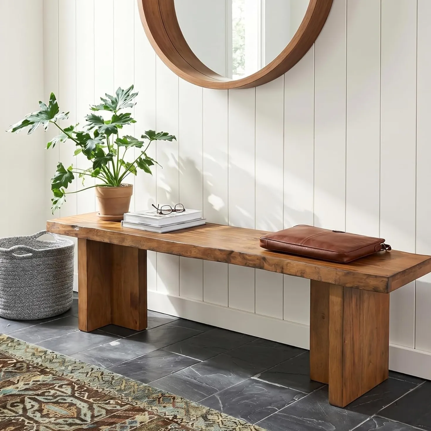 55" Farmhouse Entryway Bench, Solid Wood Shoe Bench End of Bed Bench for Bedroom