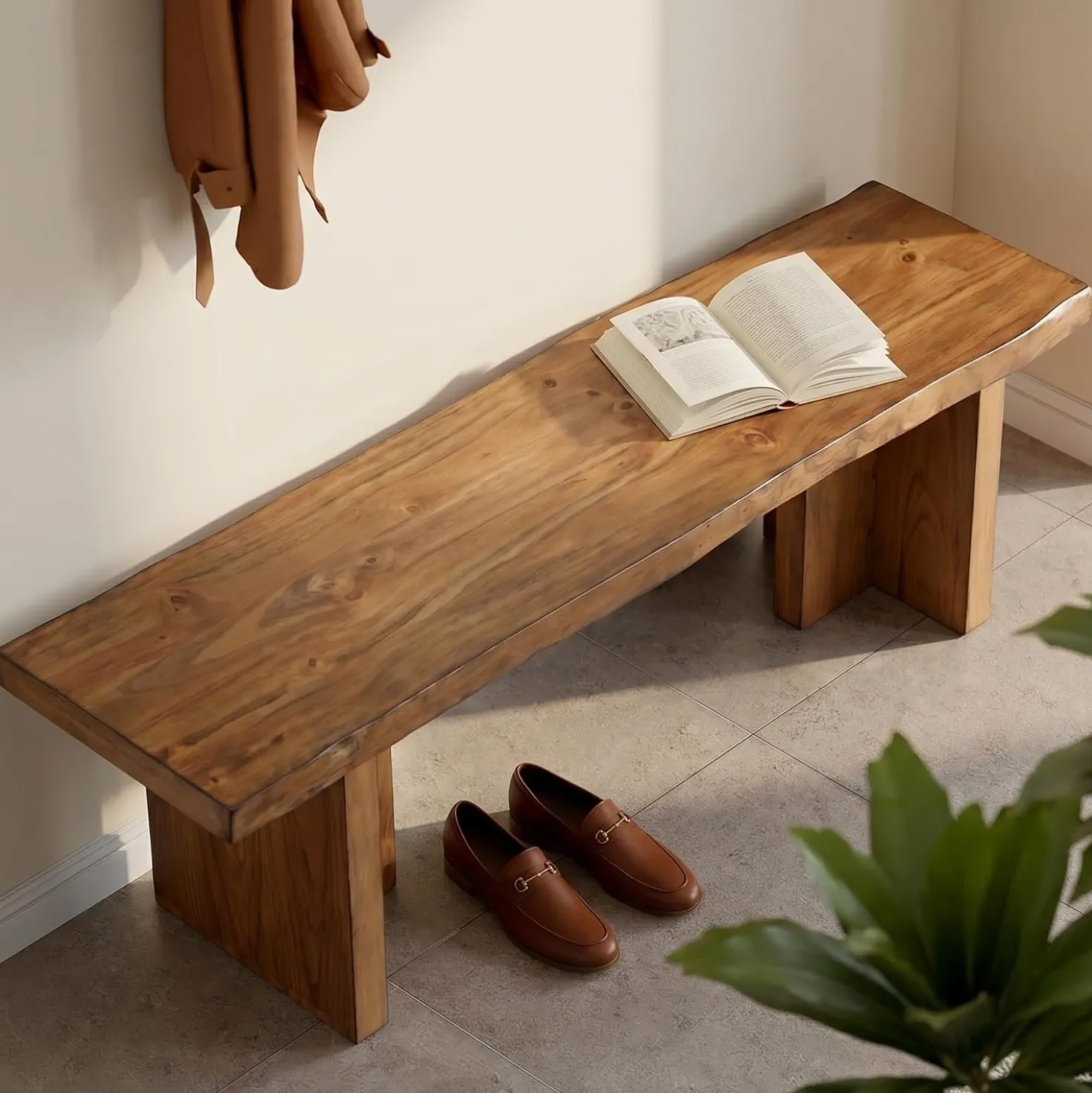 55" Farmhouse Entryway Bench, Solid Wood Shoe Bench End of Bed Bench for Bedroom