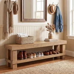 63" Farmhouse Entryway Shoe Bench, Long Dining Bench Seat with Slatted Shelf