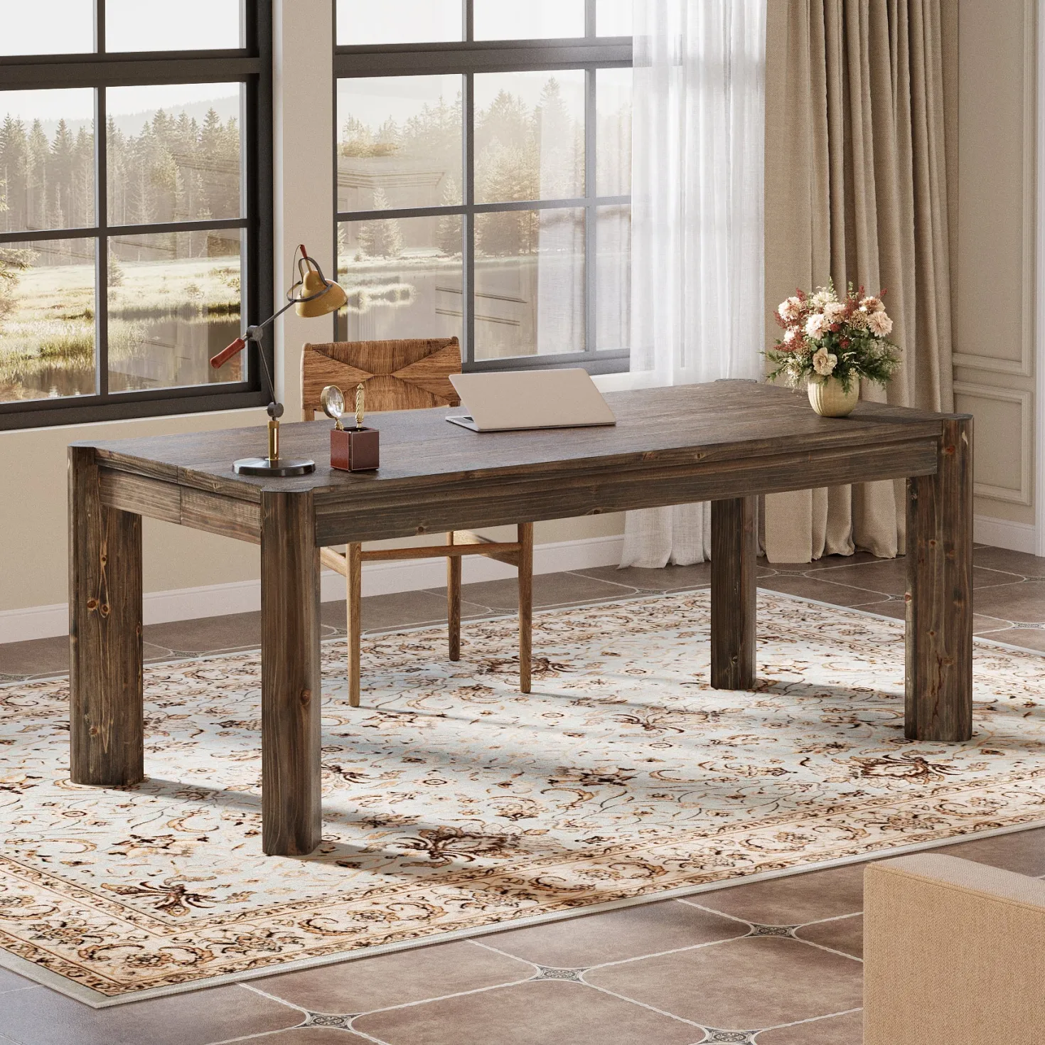 63" Farmhouse Executive Desk, Solid Wood Office Computer Desk