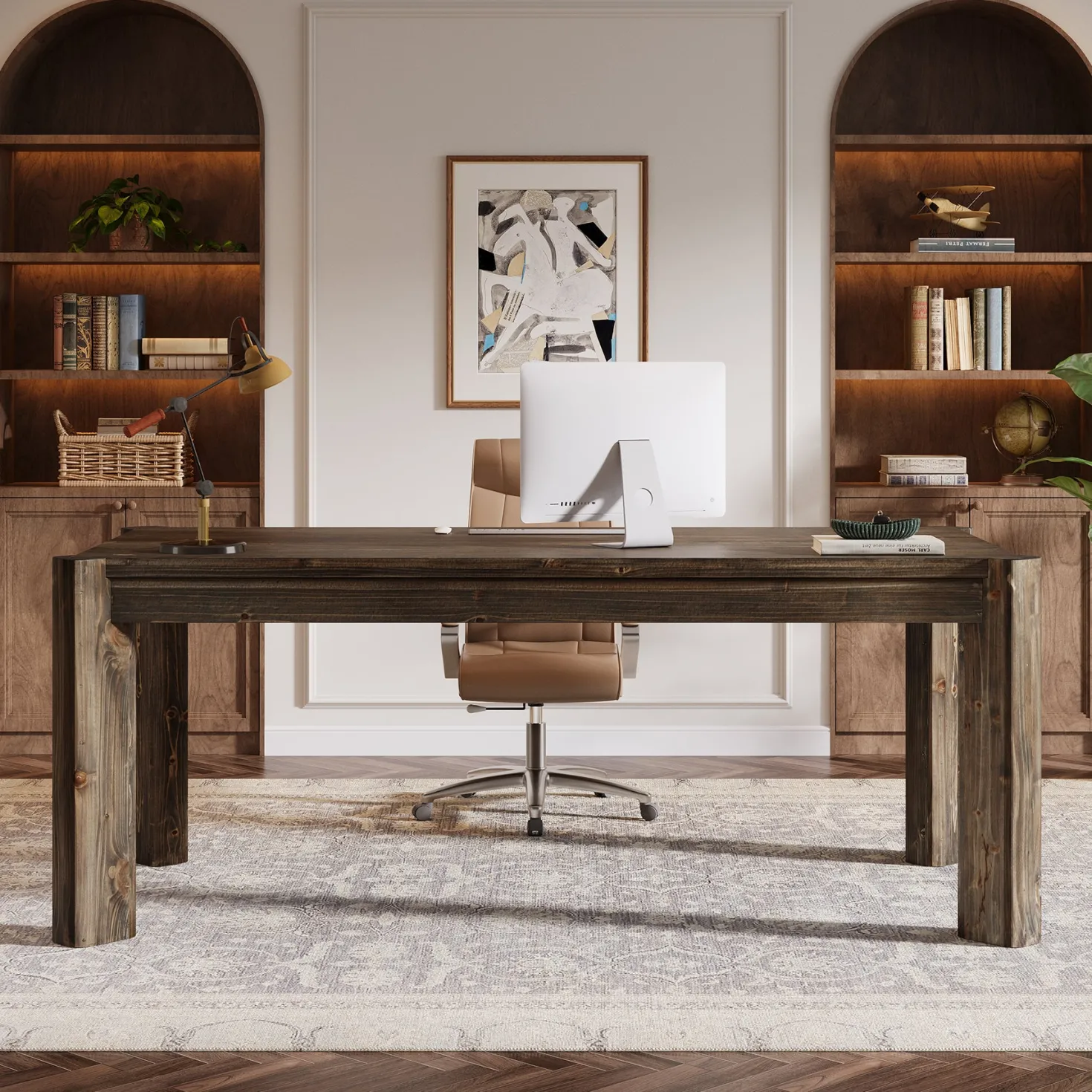 63" Farmhouse Executive Desk, Solid Wood Office Computer Desk