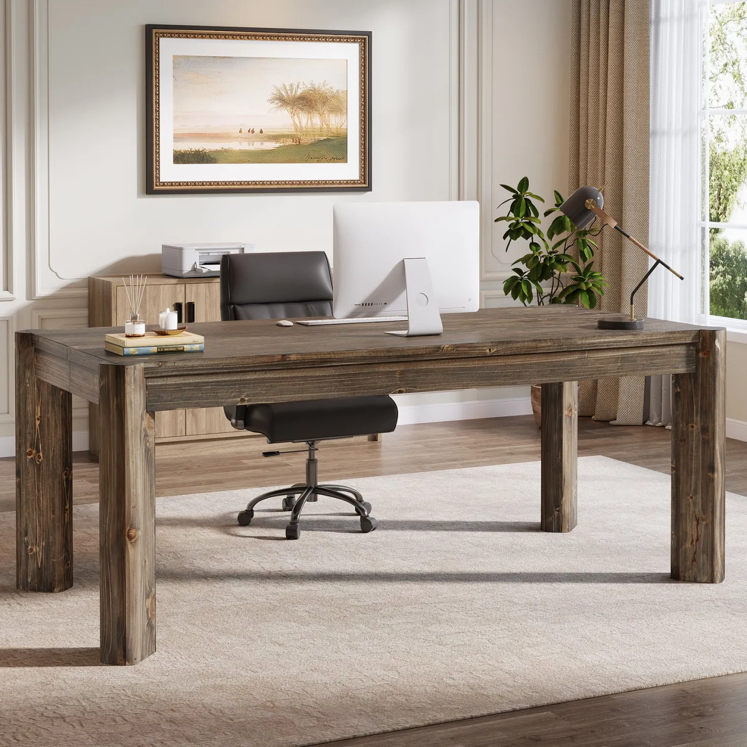 63" Farmhouse Executive Desk, Solid Wood Office Computer Desk