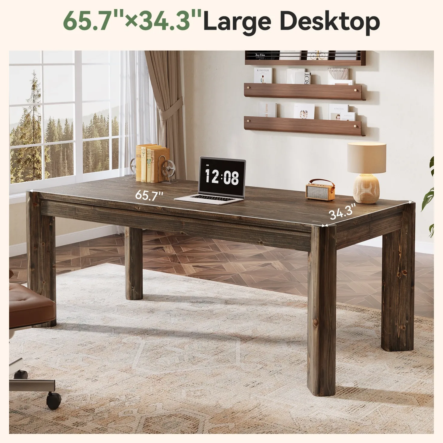 63" Farmhouse Executive Desk, Solid Wood Office Computer Desk
