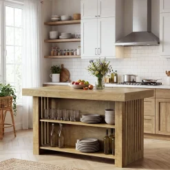 63" Farmhouse Island Table, Large Kitchen Counter with Open Shelves for Dining Room