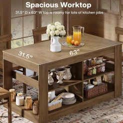 63" Farmhouse Kitchen Island, 3-Tier Stationary Island Table Coffee Bar Table with Large Worktop