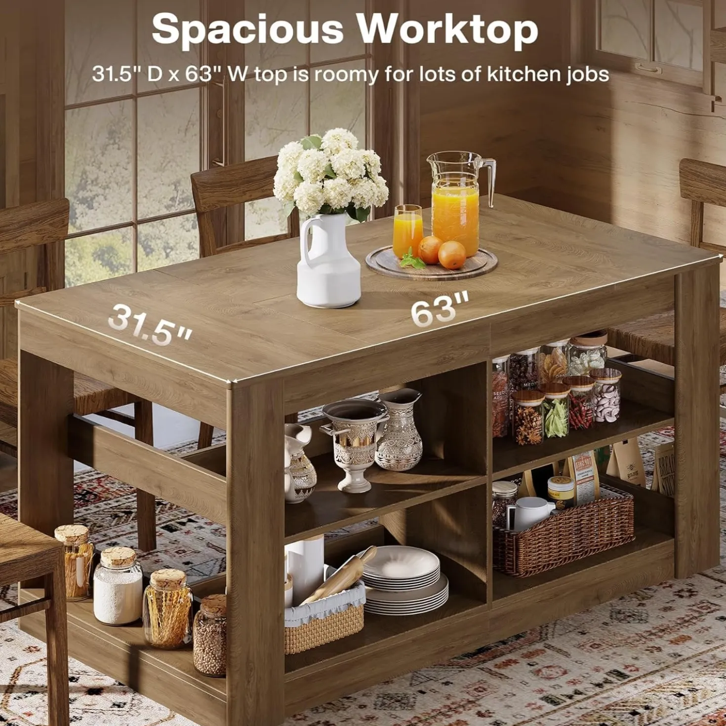 63" Farmhouse Kitchen Island, 3-Tier Stationary Island Table Coffee Bar Table with Large Worktop