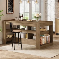 63" Farmhouse Kitchen Island, 3-Tier Stationary Island Table Coffee Bar Table with Large Worktop