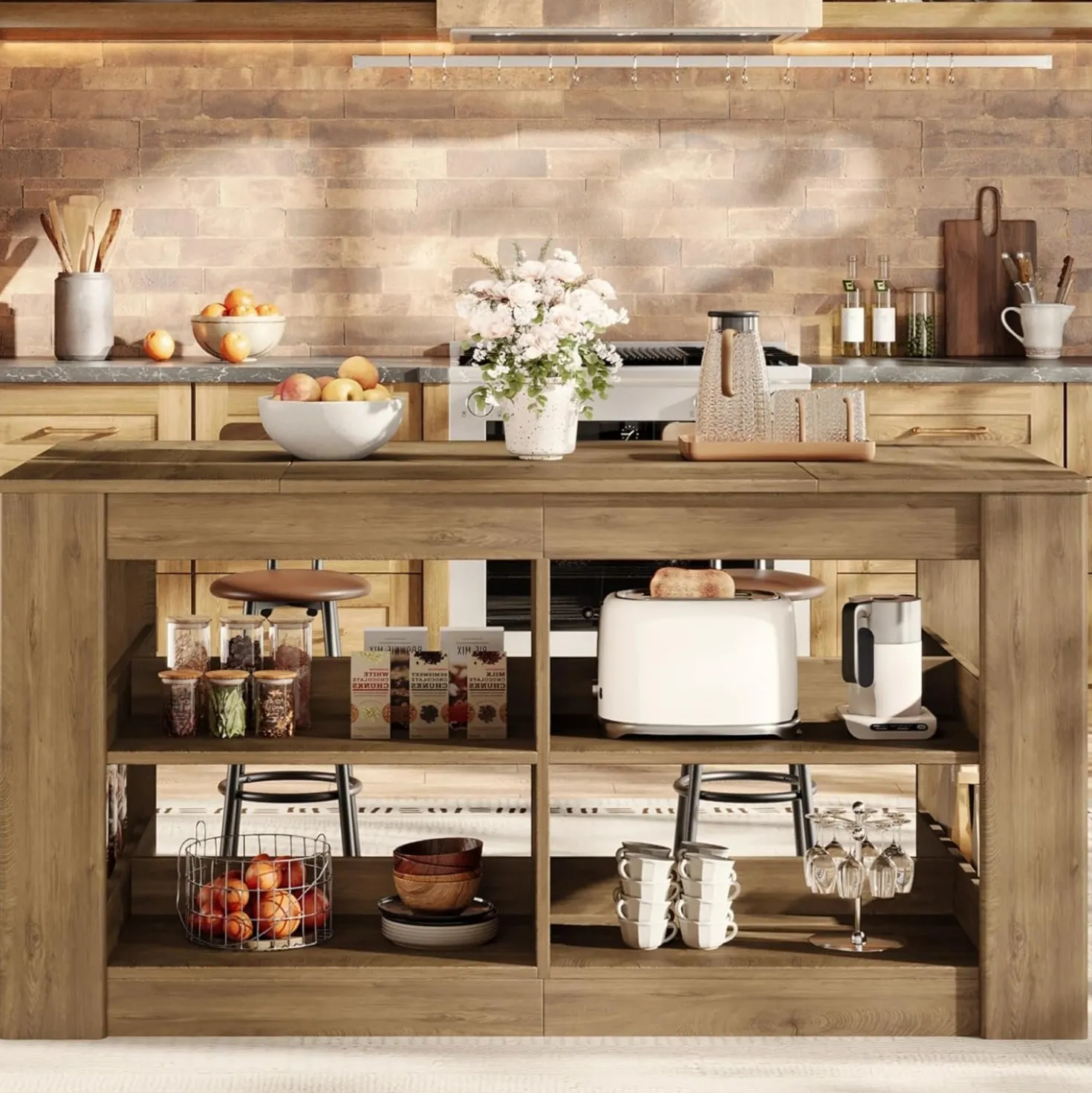 63" Farmhouse Kitchen Island, 3-Tier Stationary Island Table Coffee Bar Table with Large Worktop