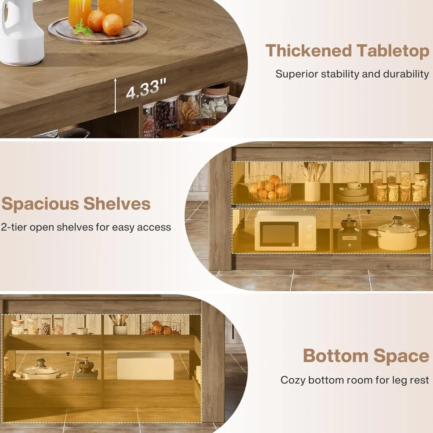 63" Farmhouse Kitchen Island, 3-Tier Stationary Island Table Coffee Bar Table with Large Worktop