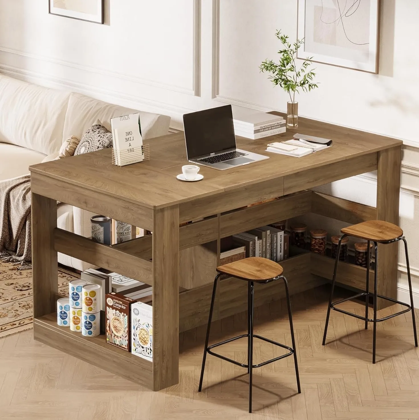 63" Farmhouse Kitchen Island, 3-Tier Stationary Island Table Coffee Bar Table with Large Worktop