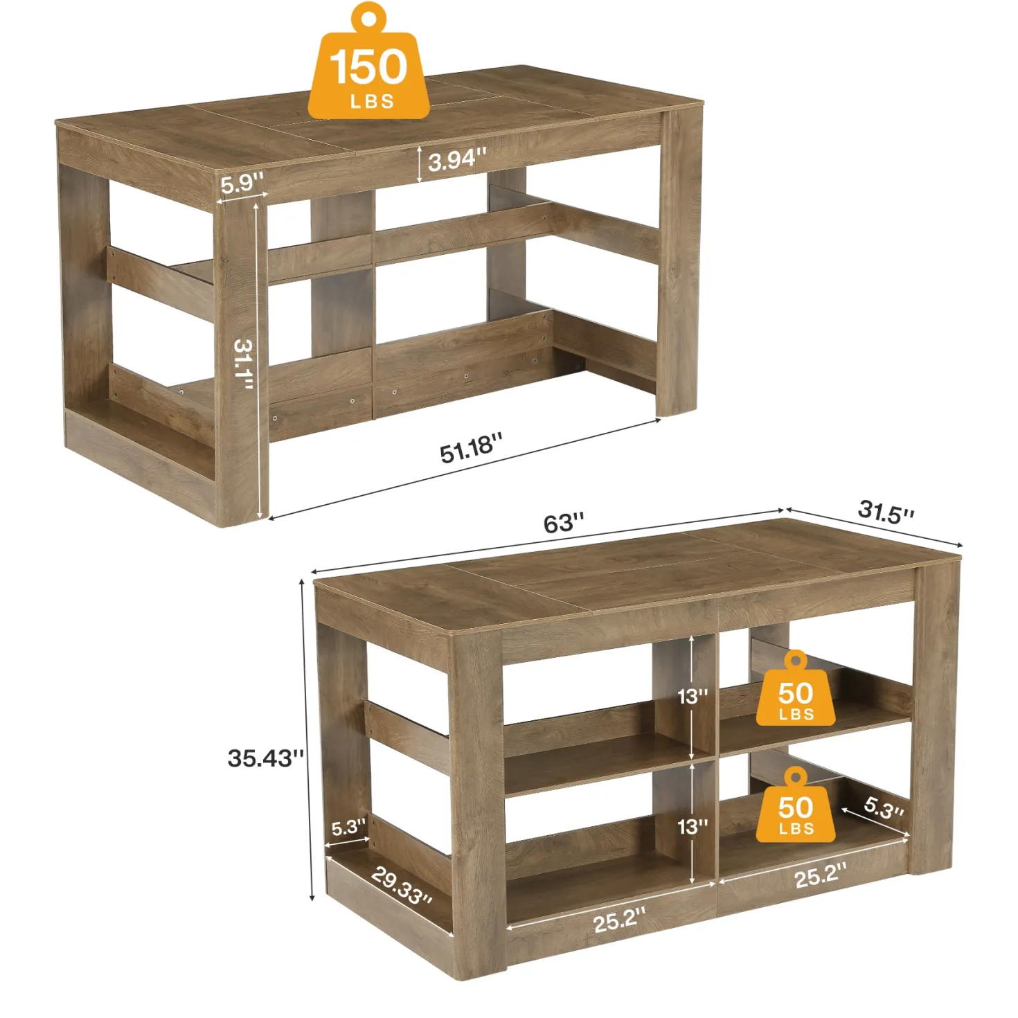 63" Farmhouse Kitchen Island, 3-Tier Stationary Island Table Coffee Bar Table with Large Worktop