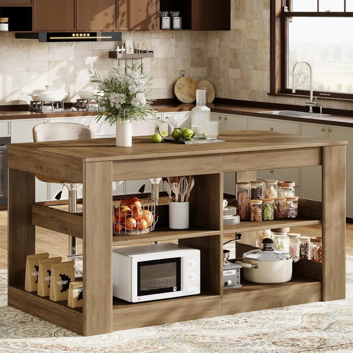 63" Farmhouse Kitchen Island, 3-Tier Stationary Island Table Coffee Bar Table with Large Worktop