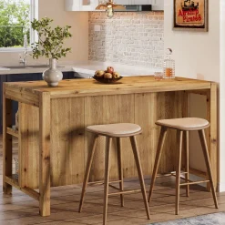 59" Farmhouse Kitchen Island, Solid Wood Dining Prep Table With 2 Open Storage Shelves