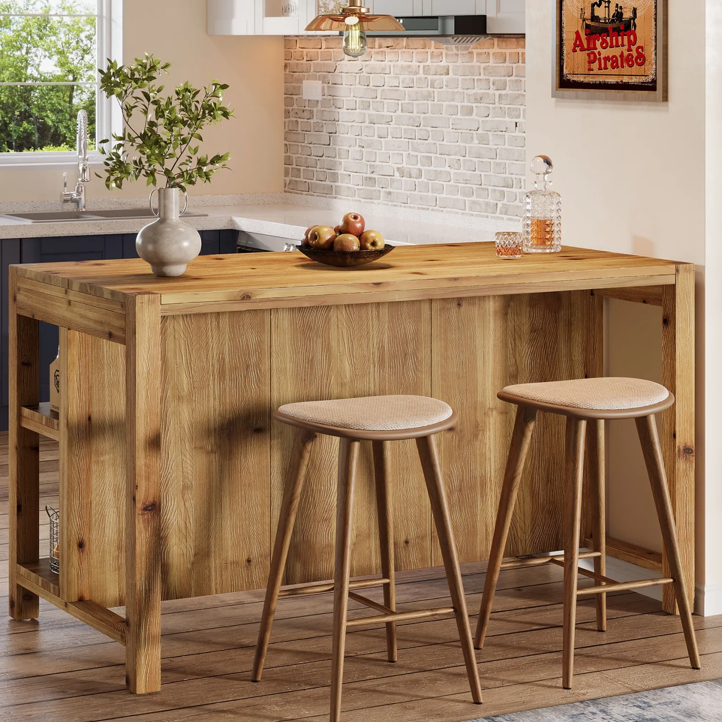 59" Farmhouse Kitchen Island, Solid Wood Dining Prep Table With 2 Open Storage Shelves