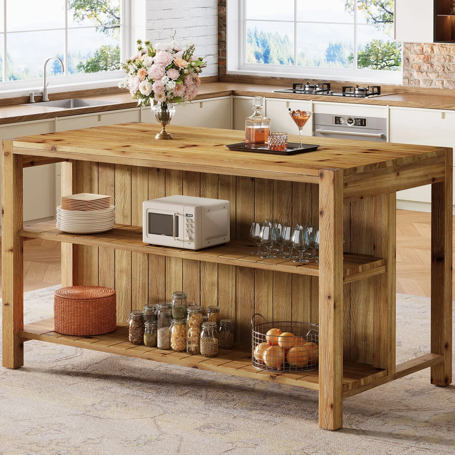 59" Farmhouse Kitchen Island, Solid Wood Dining Prep Table With 2 Open Storage Shelves