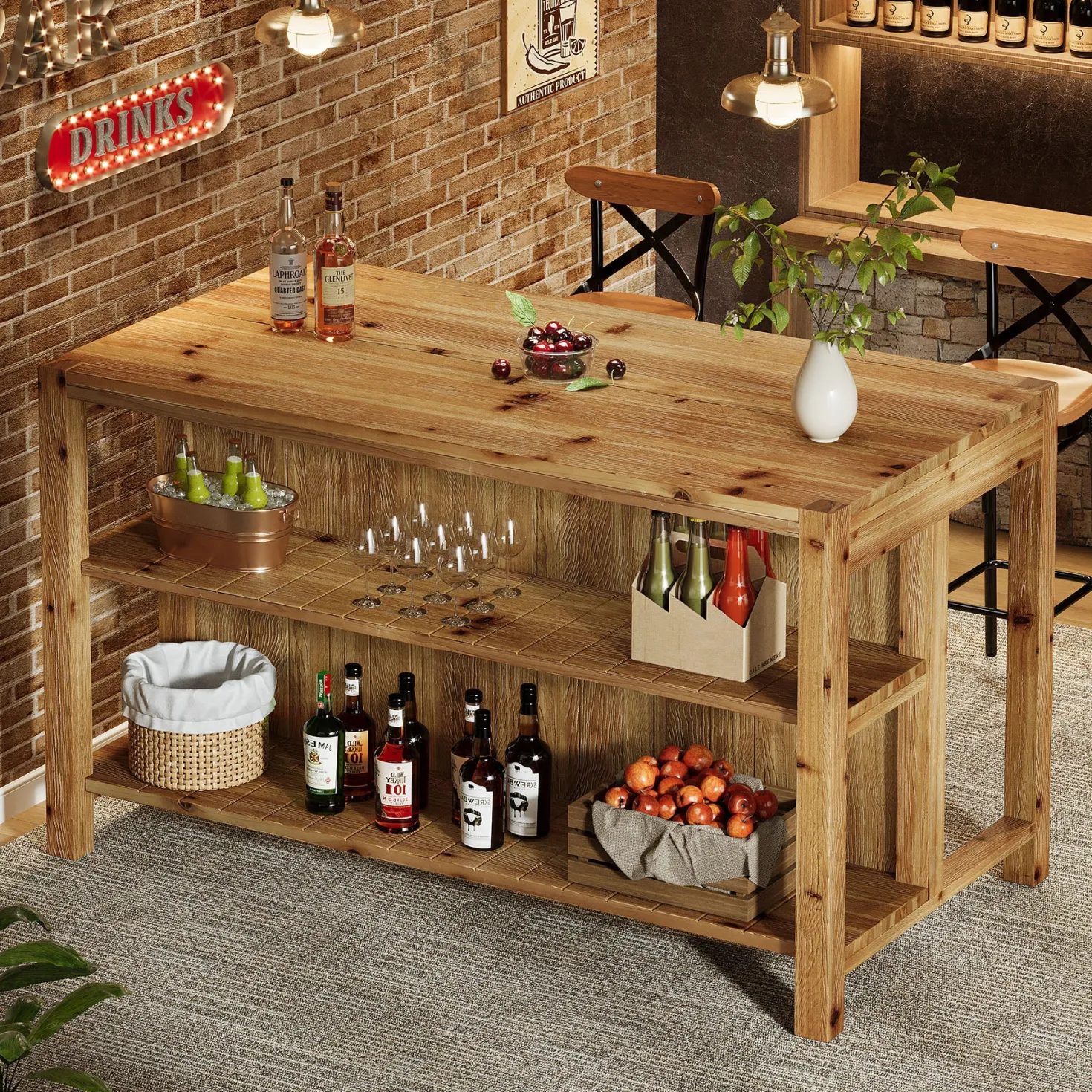59" Farmhouse Kitchen Island, Solid Wood Dining Prep Table With 2 Open Storage Shelves