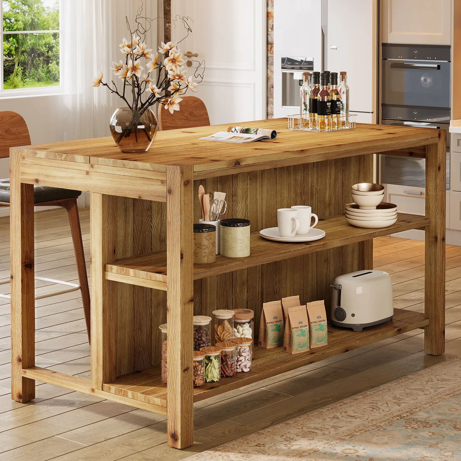 59" Farmhouse Kitchen Island, Solid Wood Dining Prep Table With 2 Open Storage Shelves