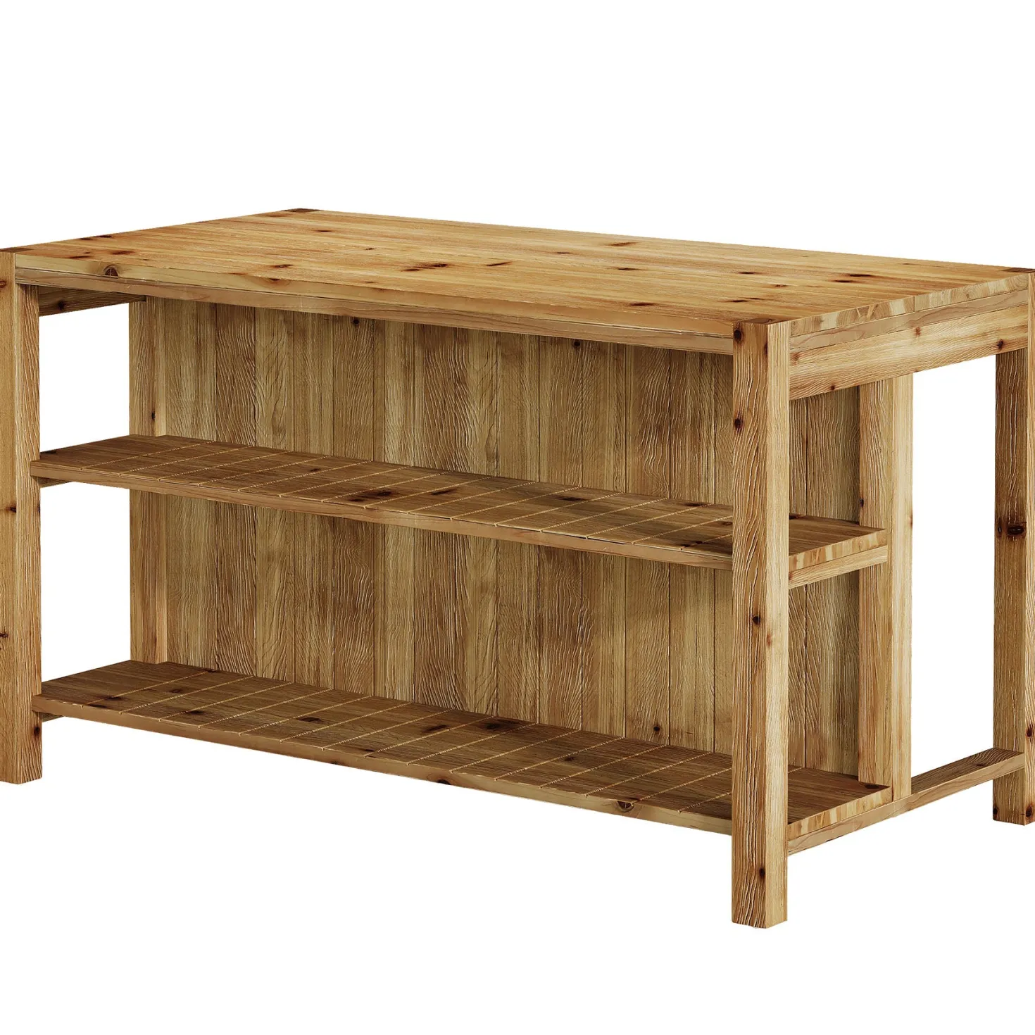 59" Farmhouse Kitchen Island, Solid Wood Dining Prep Table With 2 Open Storage Shelves