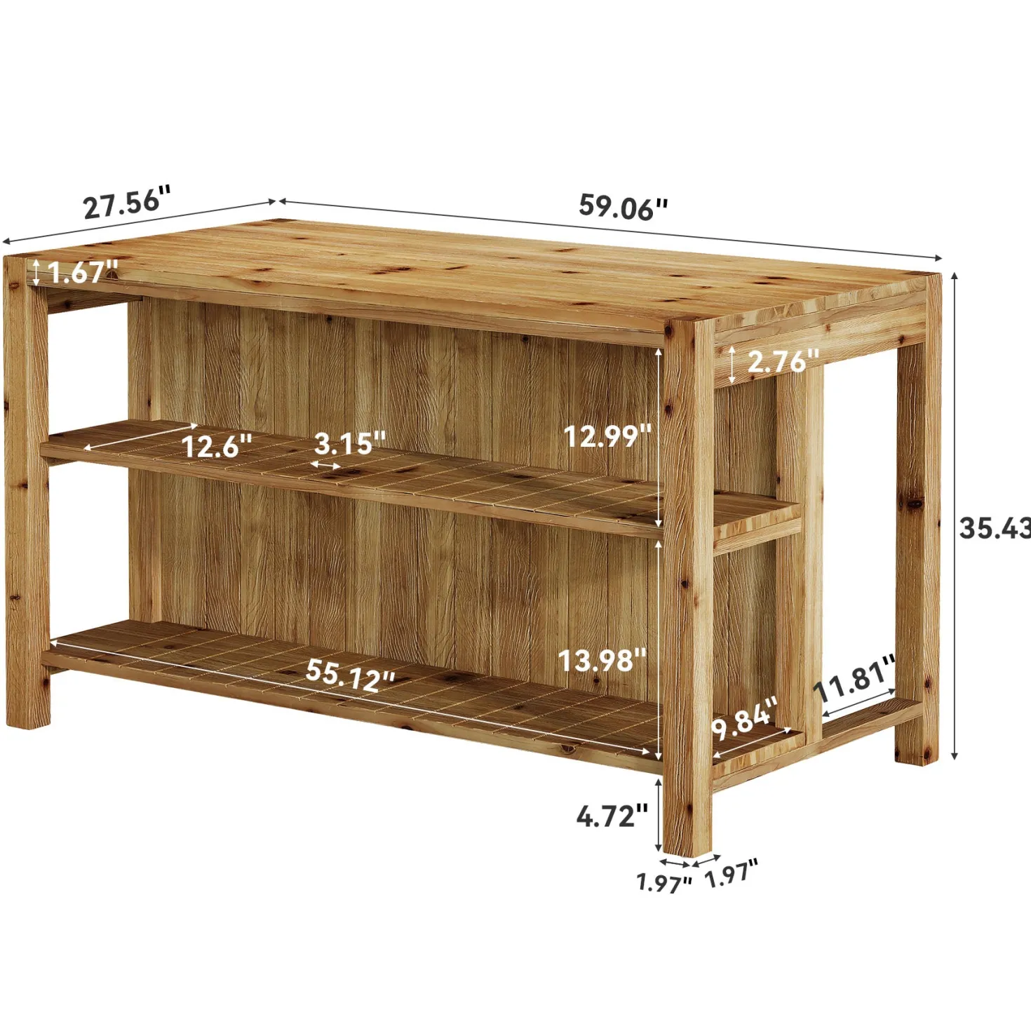 59" Farmhouse Kitchen Island, Solid Wood Dining Prep Table With 2 Open Storage Shelves