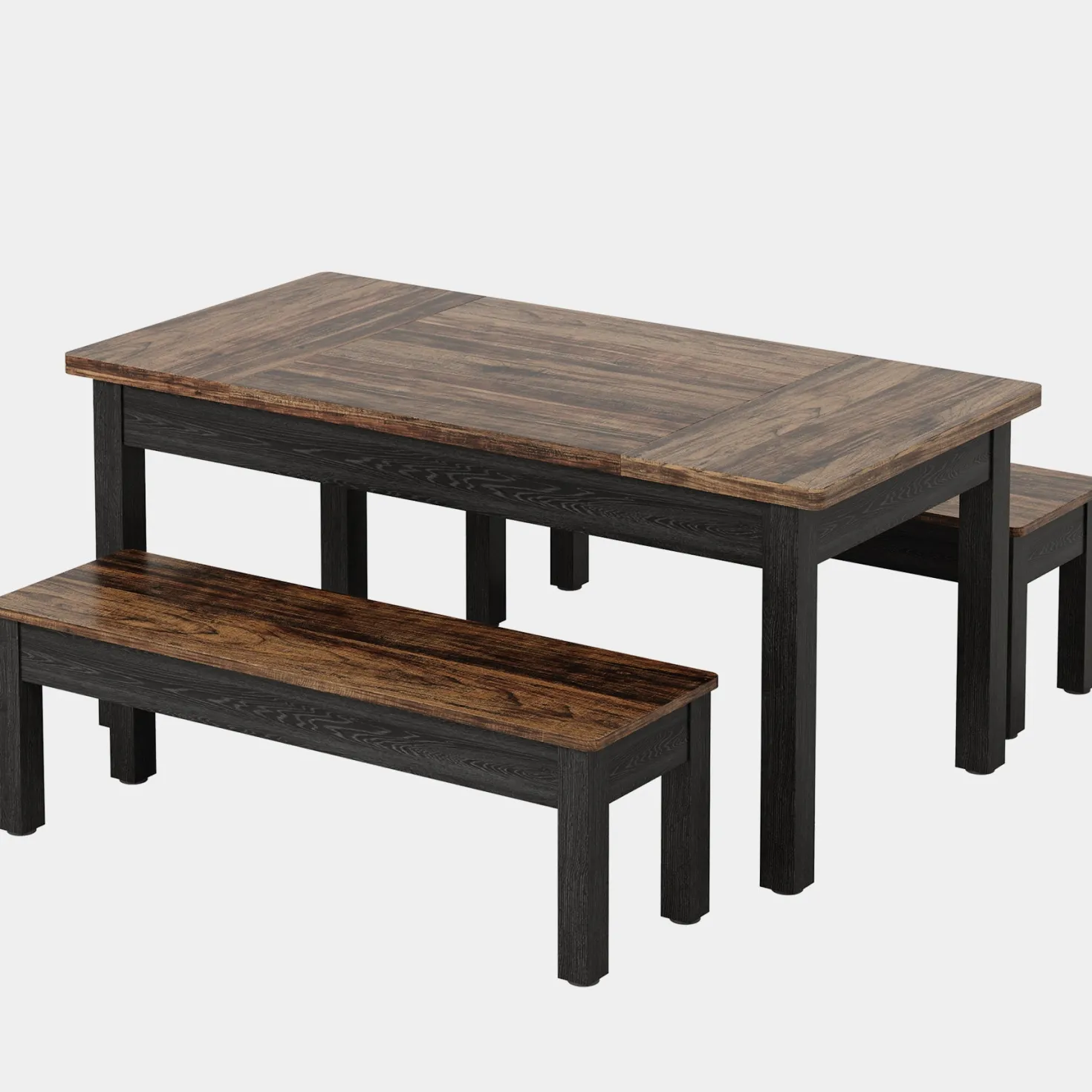 55" Farmhouse Kitchen Table Set for 4–6 People, 3 Piece Space Saving Dining Table with 2 Benches