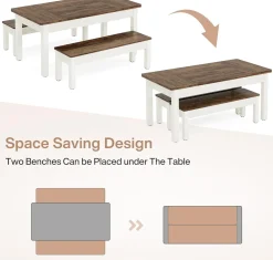 55" Farmhouse Kitchen Table Set for 4–6 People, 3 Piece Space Saving Dining Table with 2 Benches