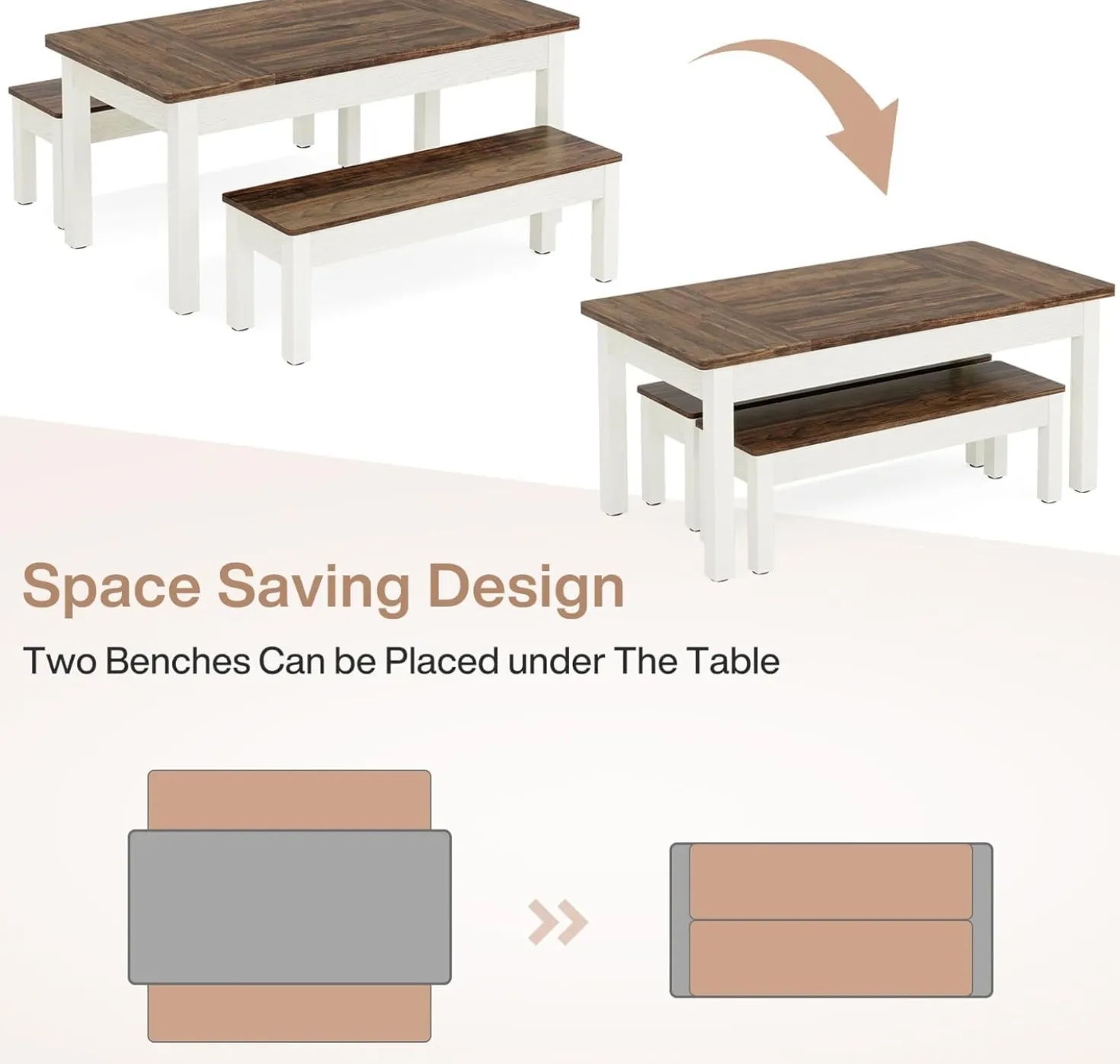 55" Farmhouse Kitchen Table Set for 4–6 People, 3 Piece Space Saving Dining Table with 2 Benches