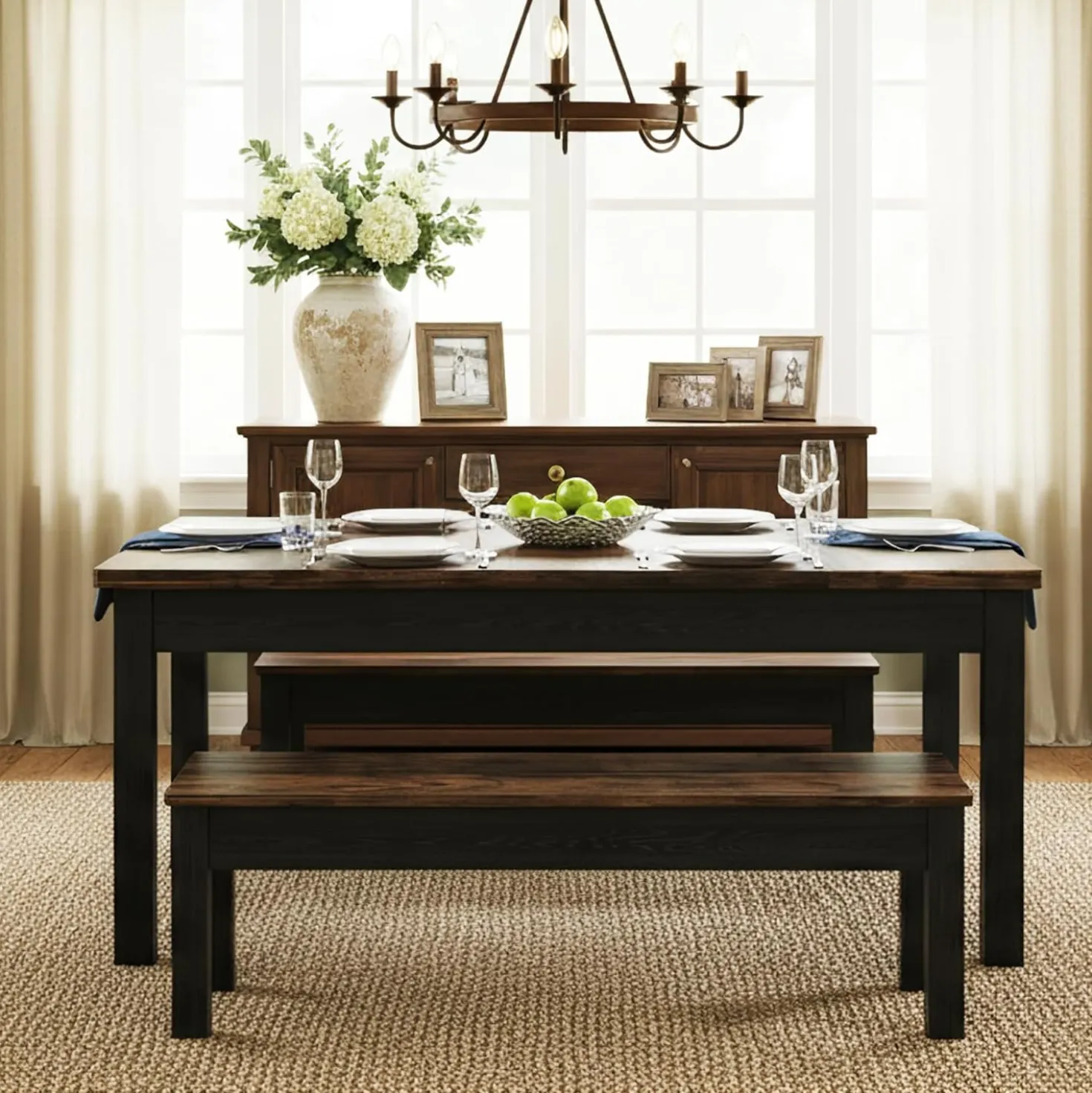 55" Farmhouse Kitchen Table Set for 4–6 People, 3 Piece Space Saving Dining Table with 2 Benches