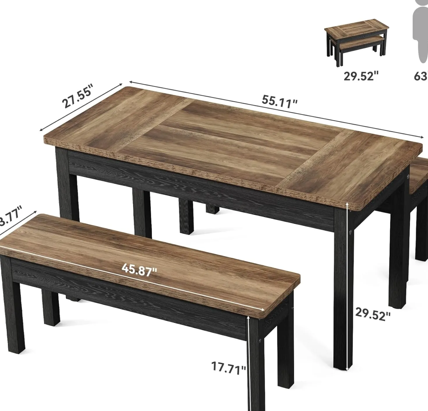 55" Farmhouse Kitchen Table Set for 4–6 People, 3 Piece Space Saving Dining Table with 2 Benches