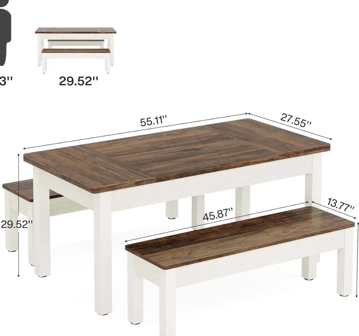 55" Farmhouse Kitchen Table Set for 4–6 People, 3 Piece Space Saving Dining Table with 2 Benches
