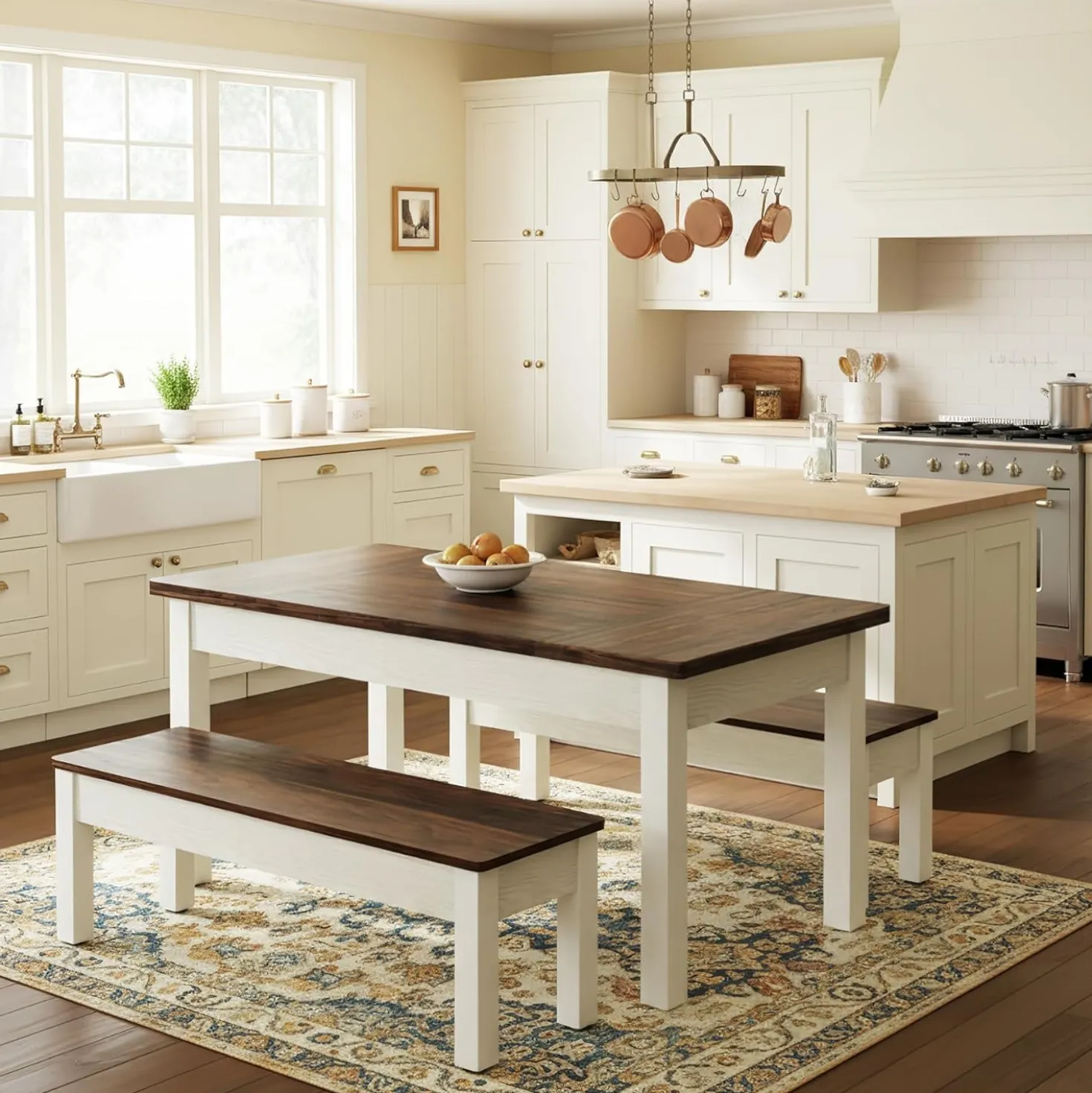 55" Farmhouse Kitchen Table Set for 4–6 People, 3 Piece Space Saving Dining Table with 2 Benches