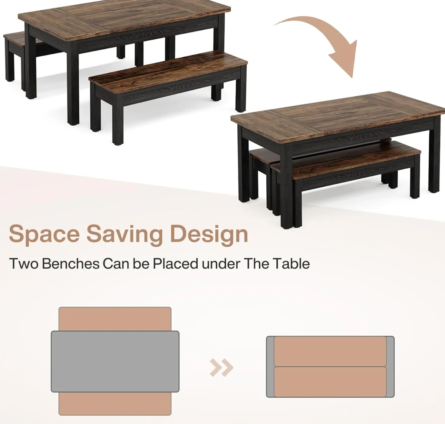 55" Farmhouse Kitchen Table Set for 4–6 People, 3 Piece Space Saving Dining Table with 2 Benches