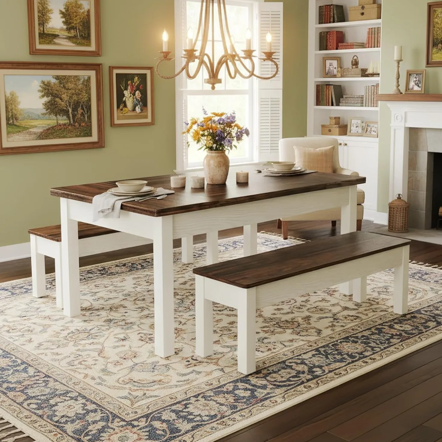 55" Farmhouse Kitchen Table Set for 4–6 People, 3 Piece Space Saving Dining Table with 2 Benches