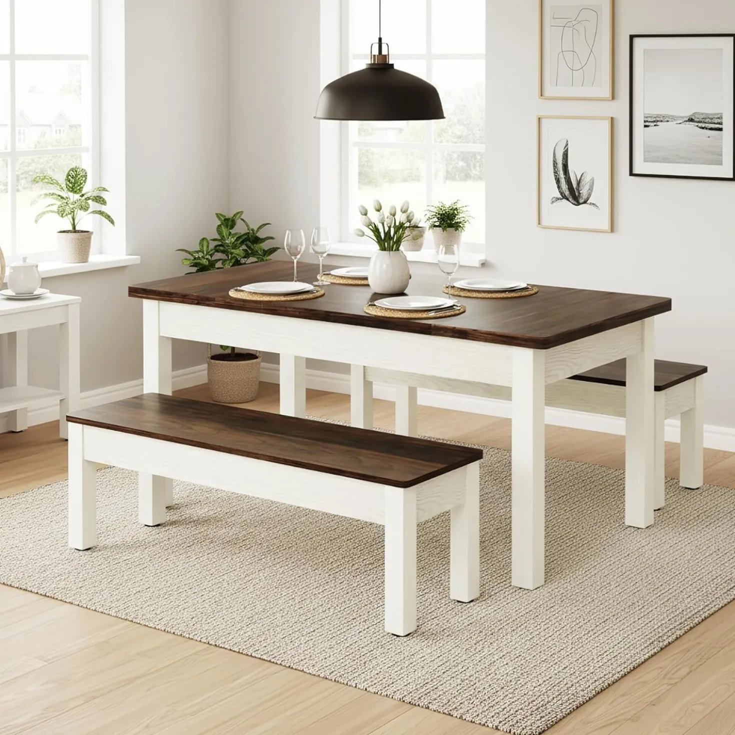 55" Farmhouse Kitchen Table Set for 4–6 People, 3 Piece Space Saving Dining Table with 2 Benches