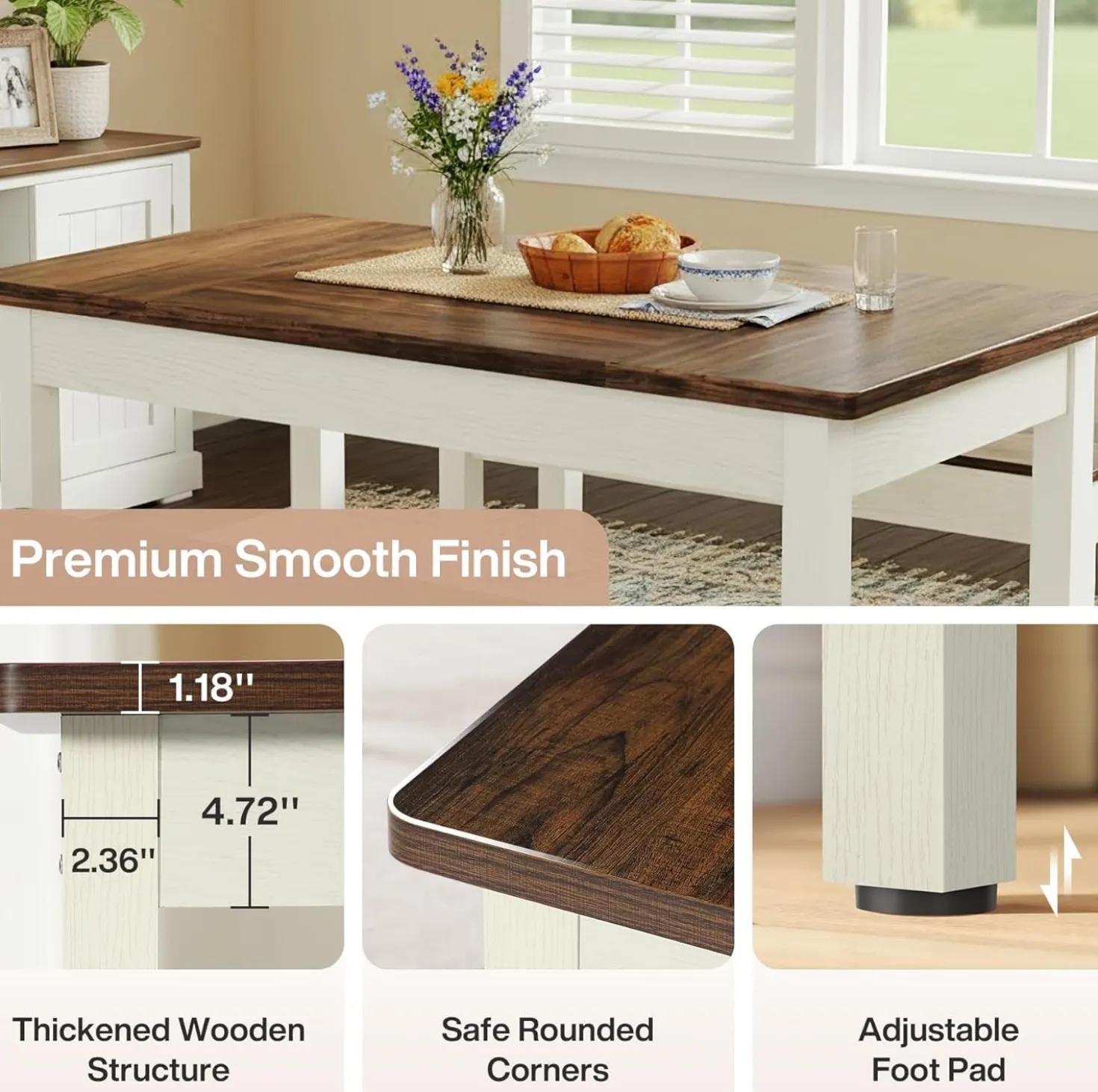 55" Farmhouse Kitchen Table Set for 4–6 People, 3 Piece Space Saving Dining Table with 2 Benches