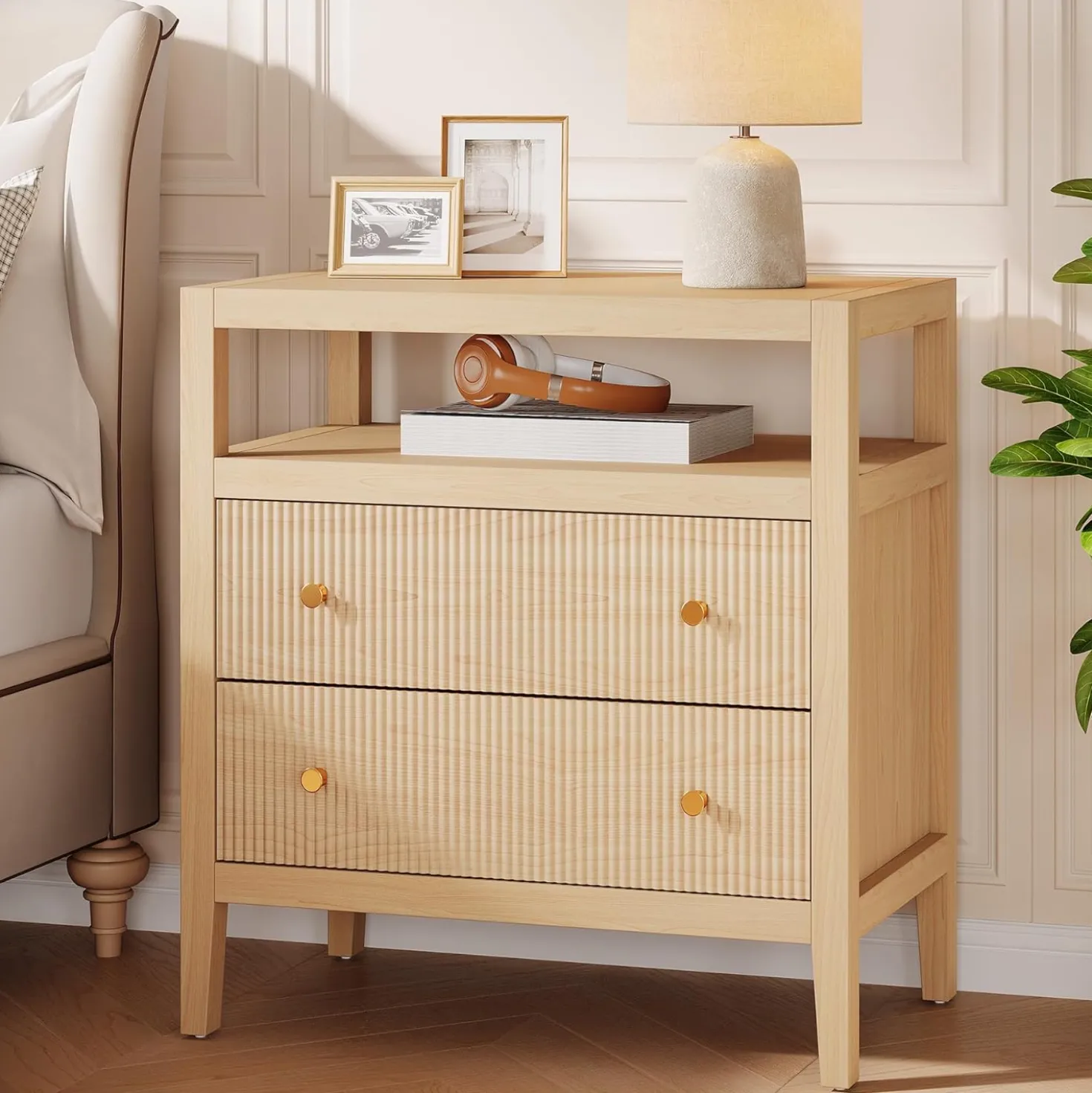 29.5" Farmhouse Nightstand, 2-Drawer Wide Bedside Table with Open Storage Shelf