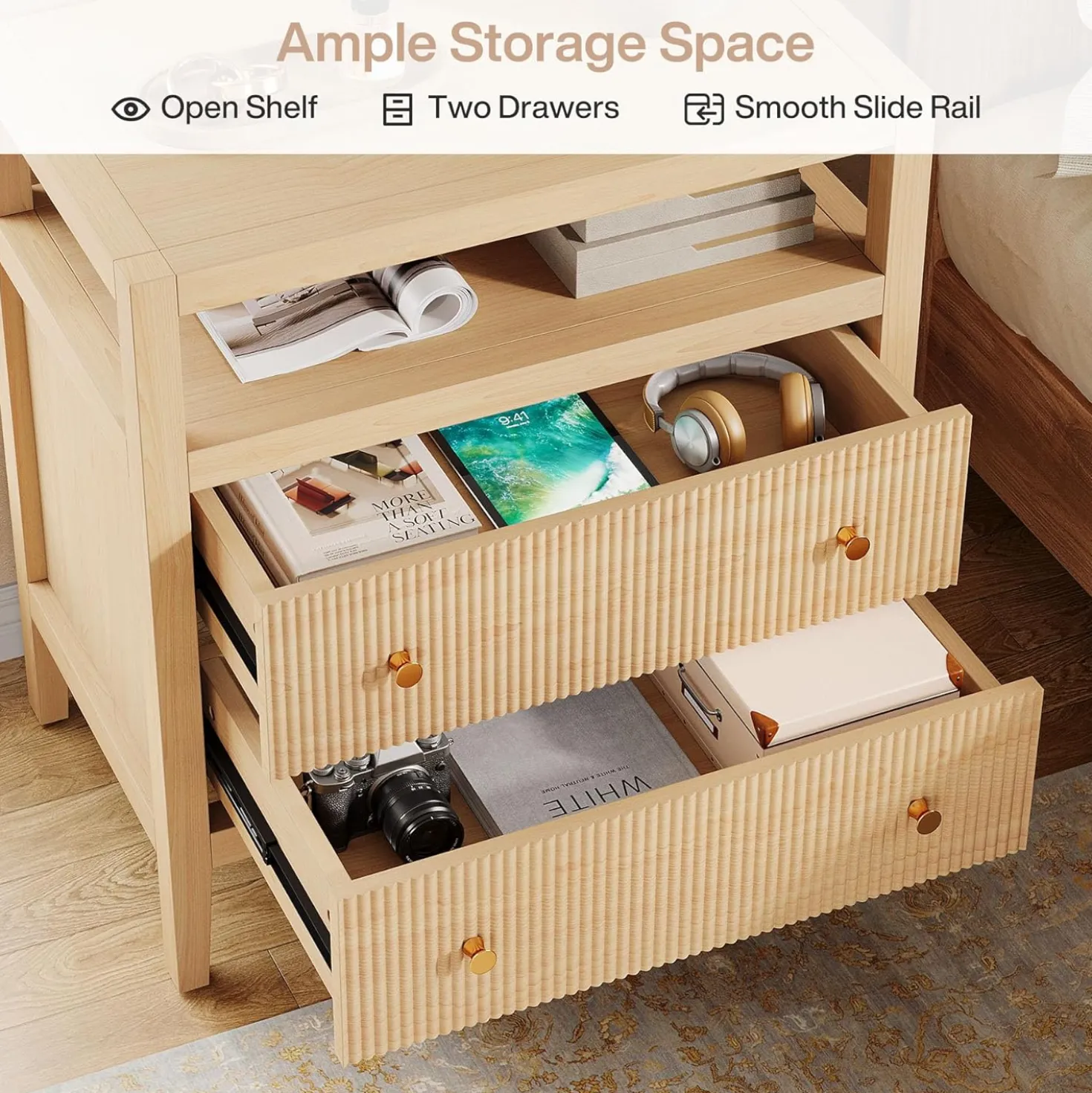 29.5" Farmhouse Nightstand, 2-Drawer Wide Bedside Table with Open Storage Shelf